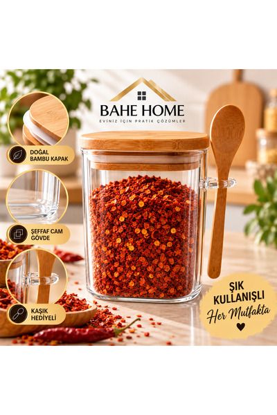 bahe home وعاء زجاجي مربع لتخزين التوابل بغطاء من الخيزران، مع ملعقة خشبية، ي...