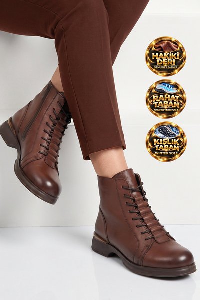 AYAKMOD Taba Genuine Leather Women's Lace-Up Boots with Rubber Soles, Fleece-...