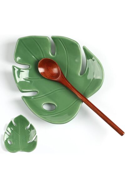 Generic Ceramic Spoon Rest for Kitchen Counter, Monstera Leaf Shape Green 14x...