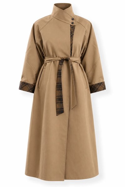 5in1Canpolat Camel-Belted Plaid-Detail Trench Coat 9839