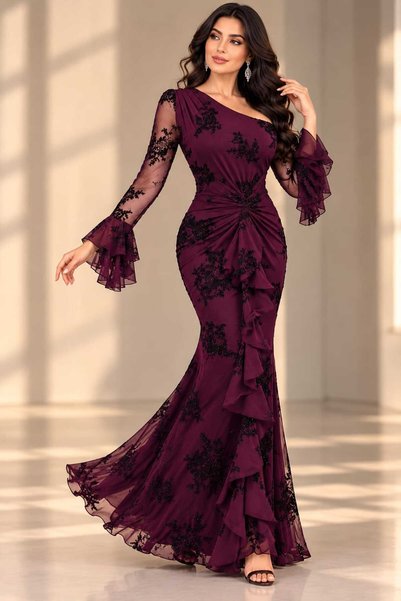 Generic Brand Luxury Purple Evening Dress with Black Embroidery