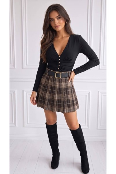 MAXORA SHOP Fustă Andrada în carouri din stofă, cu pliuri, pantaloni scurți p...