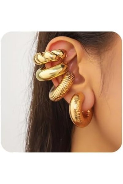 Generic 4 Pcs Chunky Ear Cuff Set for Women, Gold Non Piercing Clip On Cartil...