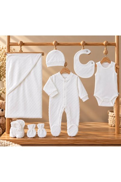Baby day طقم ملابس حديثي الولادة 7 قطع ناعم (أوفرول، بربتوز داخلي، بطانية، قب...