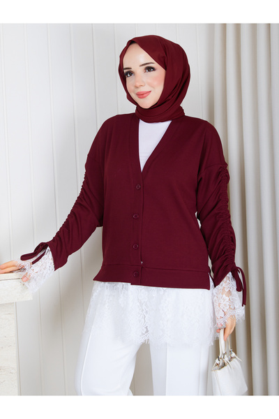moda periy كارديجان بأكمام مزينة بالدانتيل وأزرار ورباط.