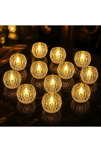 Generic 12 قطعة من شموع LED بدون لهب - شموع شاي بتصميم ماسي شفاف مع إضاءة داف...