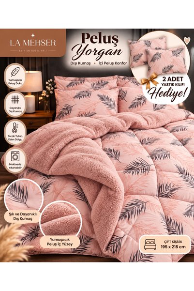 LA MEHSER Yumuşacık Peluş Yastık Kılıfı Hediyeli Desenli Çift Kişilik Yorgan