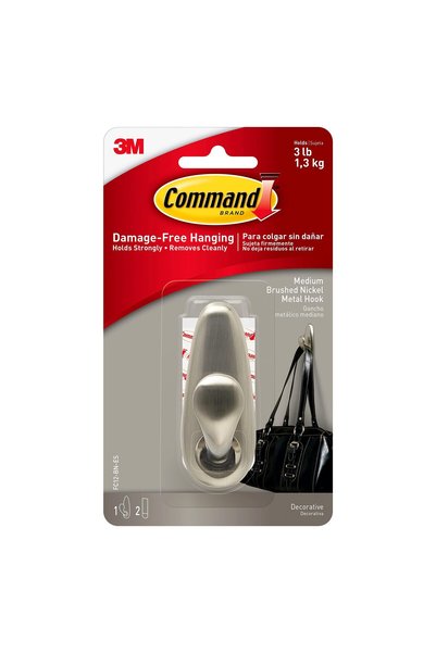 COMMAND Forever Classic Medium Metal Wall Hook, Brushed Nickel - Adhesive Str...