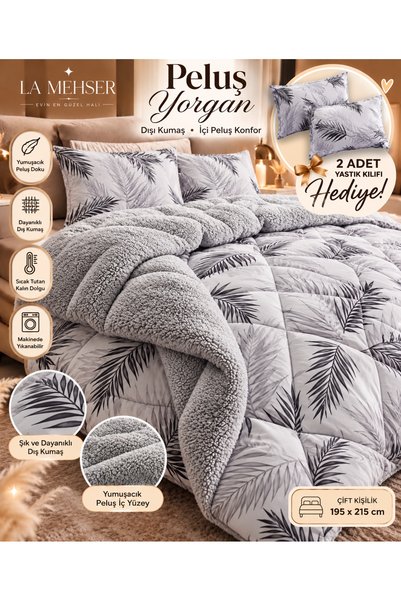 LA MEHSER Yumuşacık Peluş Yastık Kılıfı Hediyeli Desenli Çift Kişilik Yorgan