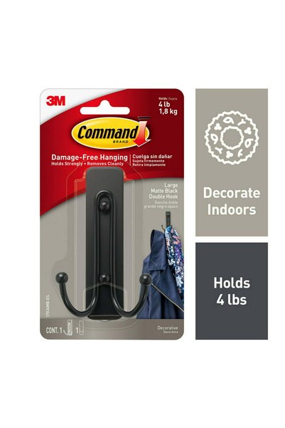 COMMAND Large Matte Black Double Hook with Strips, Holds 1.8 kg - No Damage A...