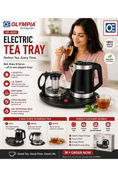 Olympia Electric Tea Tray with 2.2 Litre Kettle and 1.2 Litre Teapot, Tea Mak...