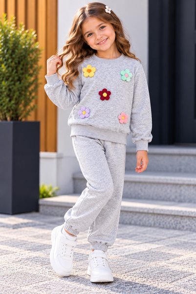 SERPİL Girls' Gray 2-Piece Sweatsuit Set with Floral Details – Sweatshirt and...
