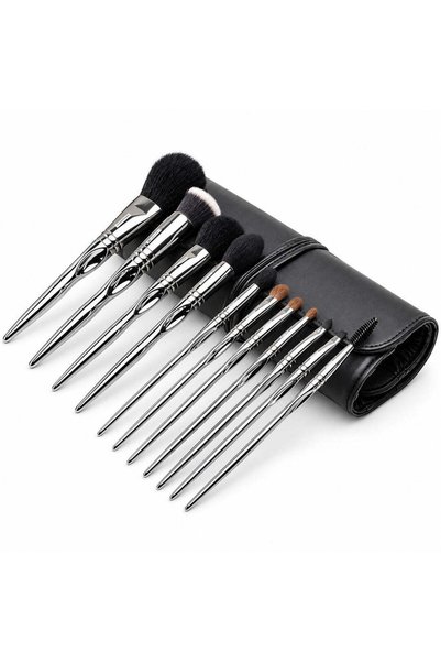 Cosmeticos Set de 11 pensule profesionale de machiaj cu finisaj argintiu