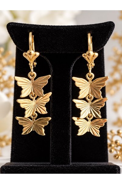 OEM Cercei Bronz Placați cu Aur 18K, 3 Fluturași, 4 cm, 2,84 g