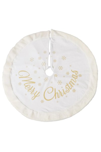 Belora Velvety White Christmas Tree Skirt Mat with Champagne Foil Flakes "Mer...