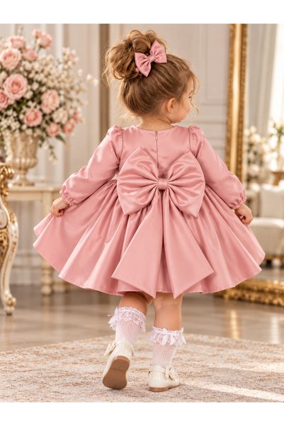 Dizaynbyasena Girls' puffy birthday dress with long sleeves and a large bow d...