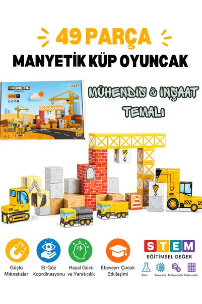 Magneton 49 Parça Manyetik Küp - İnşaat Mühendis Temalı STEM Blok Yapı Oyuncak