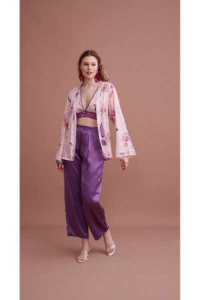 QKK Set de pijamale din satin pentru femei, cu halat, format din 3 piese