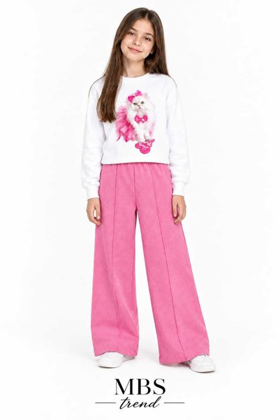 Kids Winter Girls' Pink Cat-Printed Two-Ply Sweatshirt and Fuzzy Wide-Leg Swe...