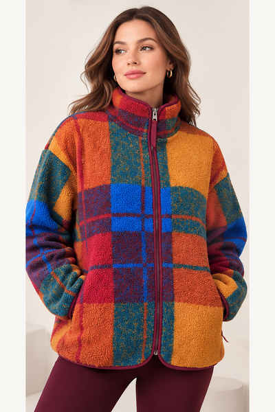 Moda Perla Kapsonlu Fermuarli Polar Kadın Mont Ekose