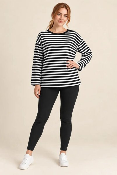 hazelin Women's Black and White Striped Plus-Size Crew Neck Drop-Shoulder Ove...