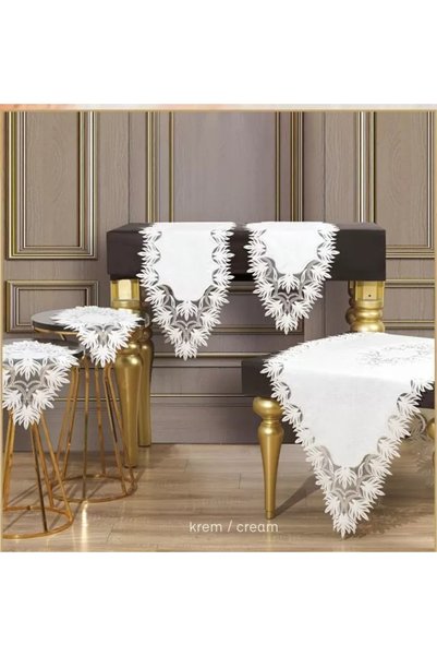 Ceki Home Samina Model Cream-Cream 5 Piece Lace Linen Tablecloth Runner Set L...