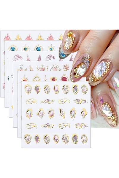 KASTWAVE 6 Sheets 5D Crystal Soft Glue Embossed Nail Stickers,Flame Heart Nai...