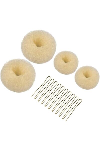 FUNI Hair Bun Shaper Set, 4Beige Donut Bun Maker + 10 Golden Bobby Pins for B...