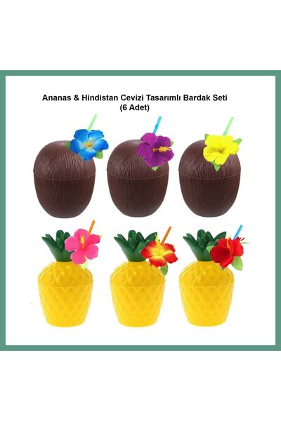 bellasia Ananas & Hindistan Cevizi Tasarımlı Pipetli Bardak Seti (6 Adet) BLS