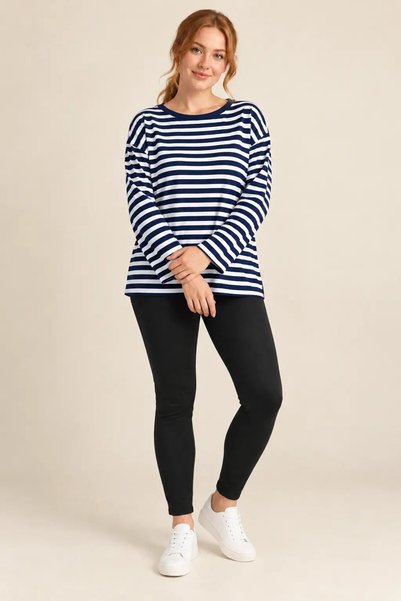hazelin Women's Navy Blue and White Striped Plus-Size Crew Neck Drop-Shoulder...