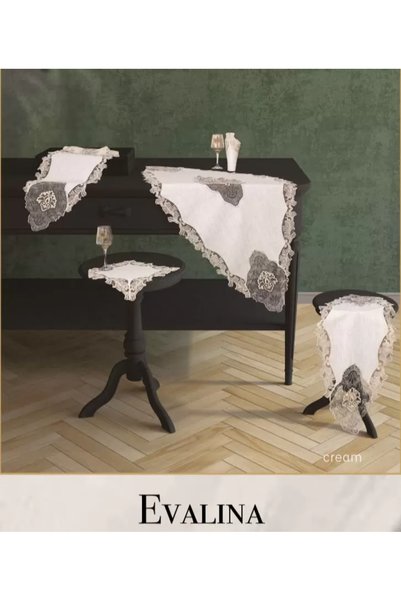 Ceki Home Salon set 5 piece linen lace tablecloth runner set evalina model - ...