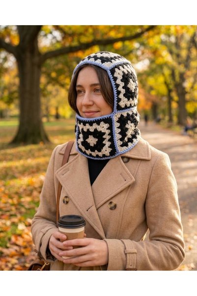 MARİANO VENANZİO Women's Hand-Knitted Granny Square Balaclava Beanie, Black-a...