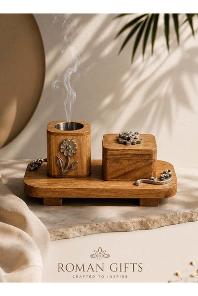 Roman Gifts مجموعة من 3 مبخرات أنيقة مصنوعة من الخشب الصلب مع تطعيمات من الأل...