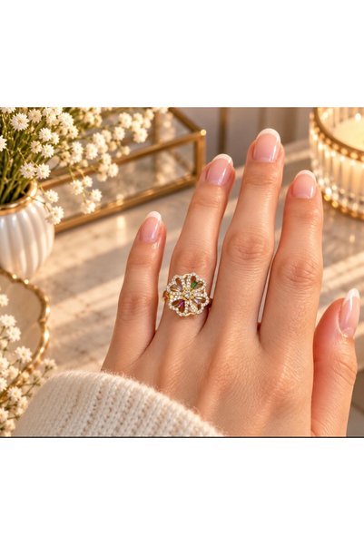 Nilove Concept Aksesuar Gold-Colored, Gem-Set, Rotating, Flower-Patterned Adj...