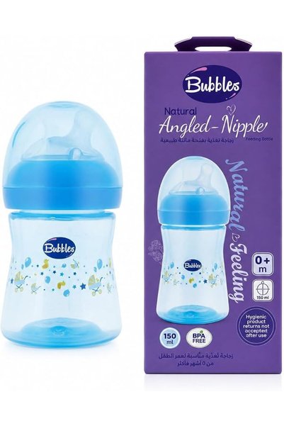 Bubbles زجاجة رضاعة طبيعية بحلمة مائلة - أزرق فاتح 150 مل