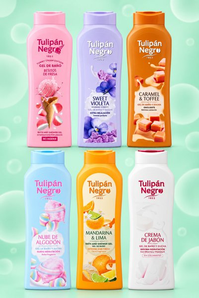 Tulipan Negro Set 6 Geluri de Duș Mix Violete, Caramel și Mandarină, 6 x 650 ml