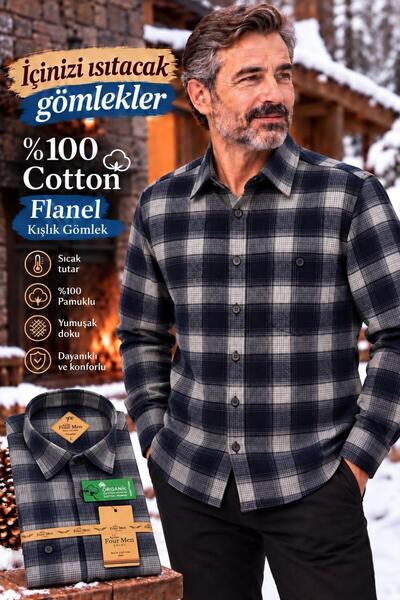 GÖMLEK GALERİSİ Men's Classic Oversized Wool Flannel Long-Sleeve Plaid Cotton...