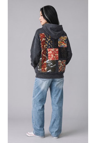 OEM Hanorac Oversize cu Fermoar, Acid Wash Albastru, Patchwork Tradițional Ja...