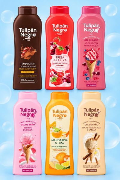 Tulipan Negro Set 6 Geluri de Duș Ciocolată & Fructe, Arome Diferite, 6 x 650 ml