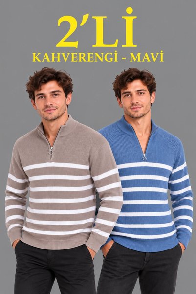 trendmood Pulover bărbătesc din tricot elastic, striat, cu guler înalt, două ...