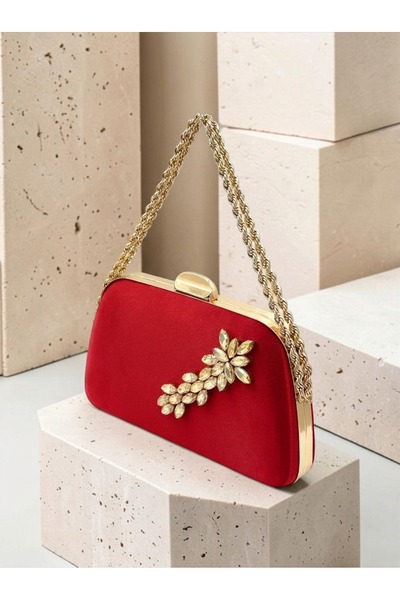 Biçanta Women's Evening Clutch Bag with Red Stone, Satin, and Gold Accents, C...