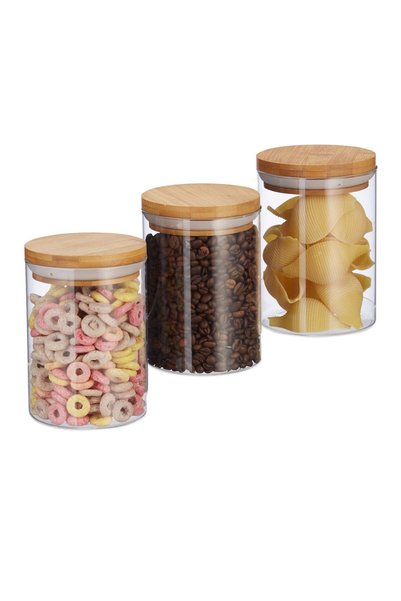 Relaxdays Set de 3 borcane cu capace de bambus, Relaxdays, 600 ml, 14x9.5cm, ...