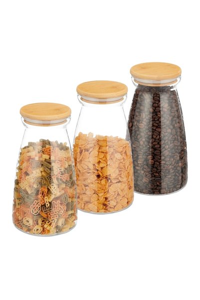 Relaxdays Set de 3 borcane de depozitare cu capace 1400 ml, maro deschis/tran...