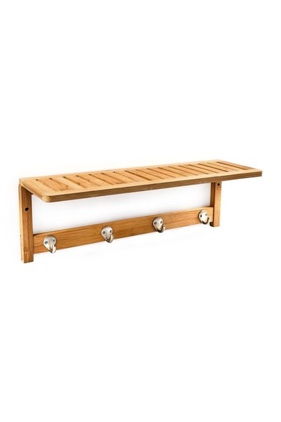 Relaxdays Wall Shelf, Bamboo, , 18 x 50 x 16 cm, 4 Hooks