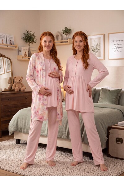 Lohussa New Season Pink-Patterned, Nursing-Friendly, Lace-Trimmed, Long-Sleev...