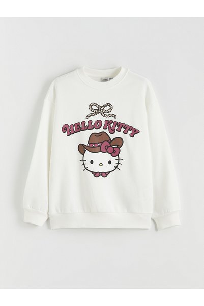 LC Waikiki Lcw Kids Ecru Hello Kitty Printed Girls' Thick Sweatshirt with Nev...