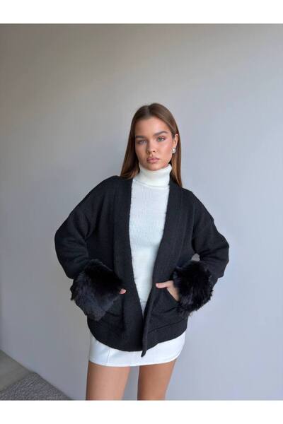 buqre's moda Women's Knit Fur-Trimmed Cardigan with Pockets