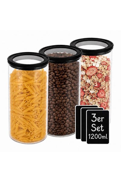 Relaxdays Set de 3 borcane de sticlă cu capac etanș, negru, transparent, 1200 ml