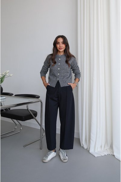 Havoş Navy Wool Blend Barrel Pants with Piped Trim