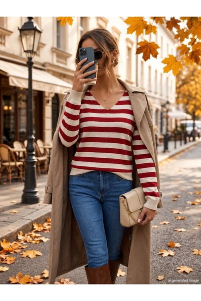 MODA بلوزة نسائية عصرية بأكمام طويلة وياقة على شكل حرف V ونقشة خطوط.